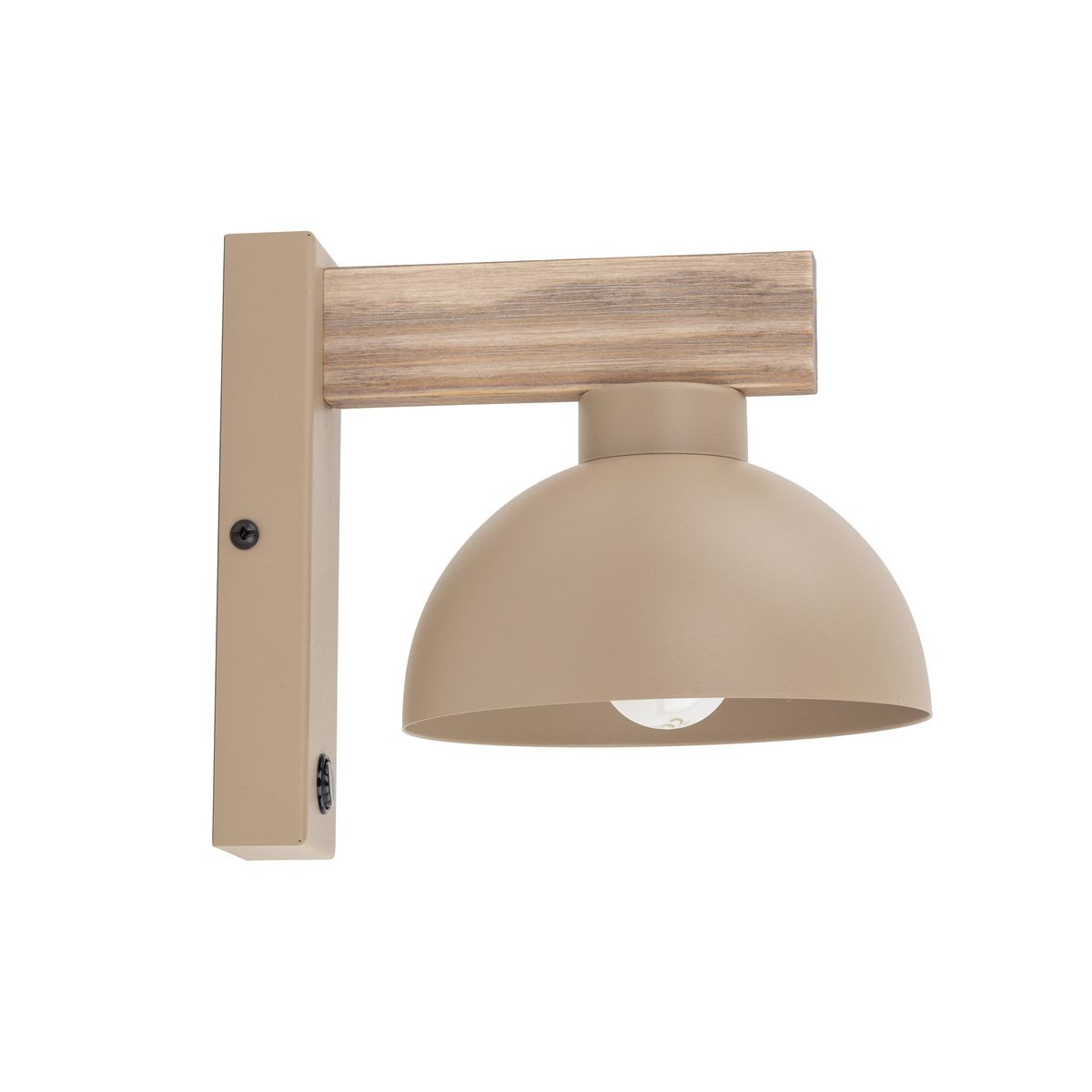 Kinkiet Oslo w kolorze beżowym z jasnym drewnem. Metalowa, okrągła oprawa lampy na uchwycie z drewna, zamontowana na ścianie. Widoczny gwint E27. Prosty design, idealny do nowoczesnych wnętrz.
