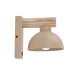 Kinkiet Oslo w kolorze beżowym z jasnym drewnem. Metalowa, okrągła oprawa lampy na uchwycie z drewna, zamontowana na ścianie. Widoczny gwint E27. Prosty design, idealny do nowoczesnych wnętrz.