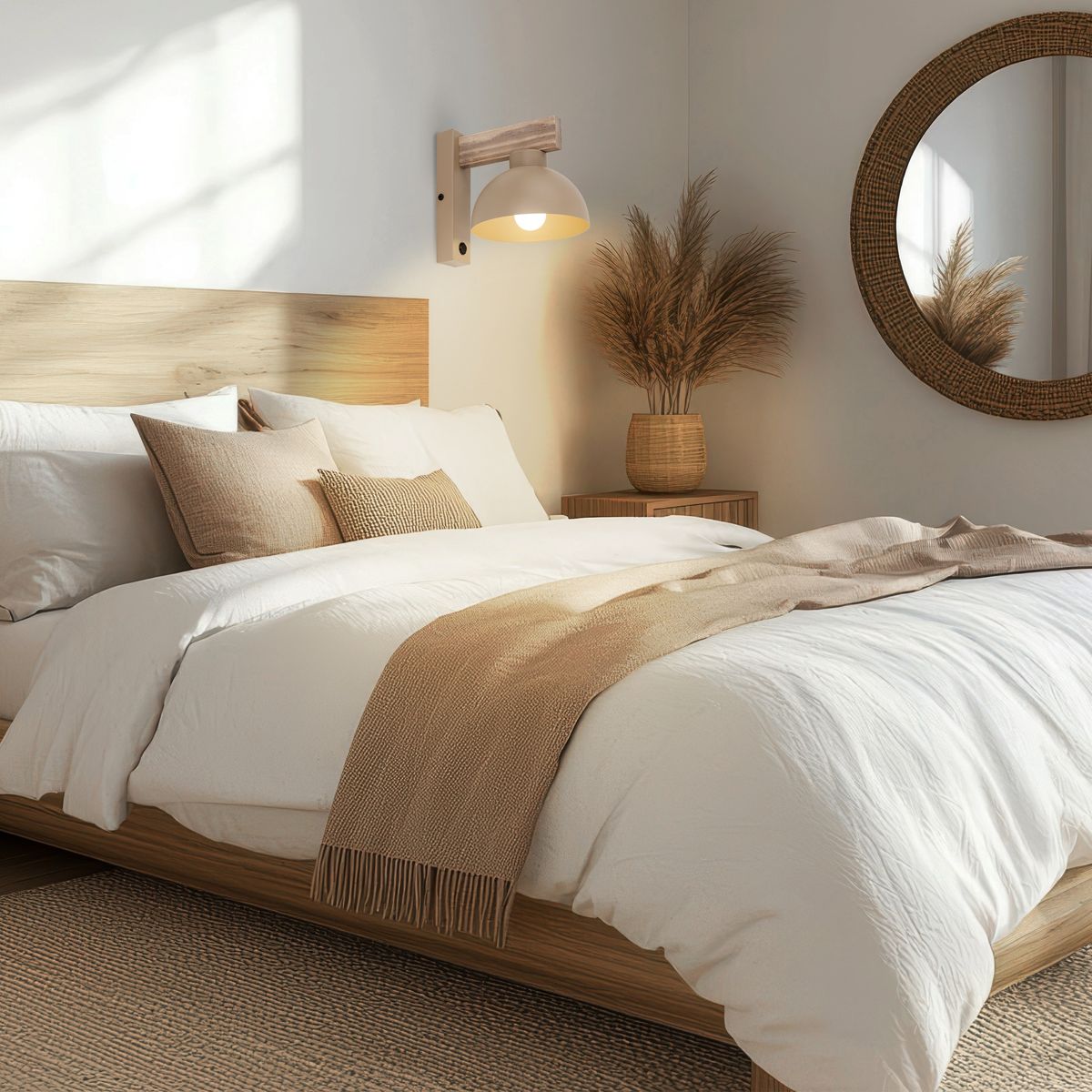 Oslo kinkiet 1xE27 w jasnym drewnie i beżowym kolorze, zamontowany na ścianie obok łóżka. Oświetlenie ma okrągłą klosz w białym kolorze i drewniany uchwyt. W tle widoczna sypialnia z białą pościelą i dekoracyjnymi poduszkami.