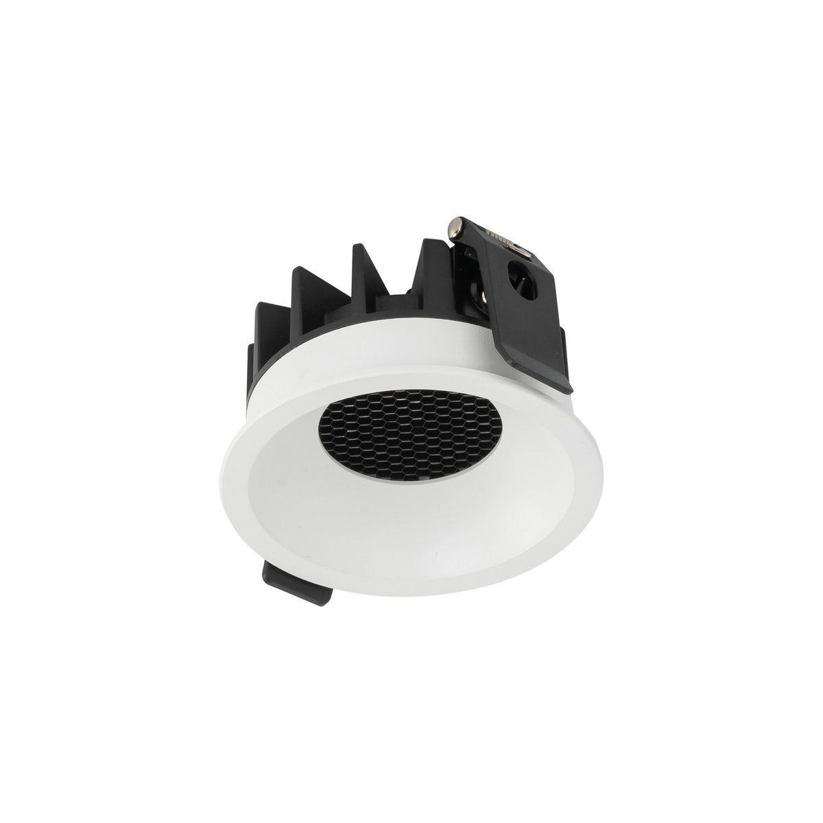 Oprawa sufitowa Nexus do zabudowy 1xLED 12W CCT w kolorze czarnym i białym. Okrągła, z siateczkowym wlotem, montowana w suficie. Widoczny uchwyt do mocowania. Idealna do nowoczesnych wnętrz.