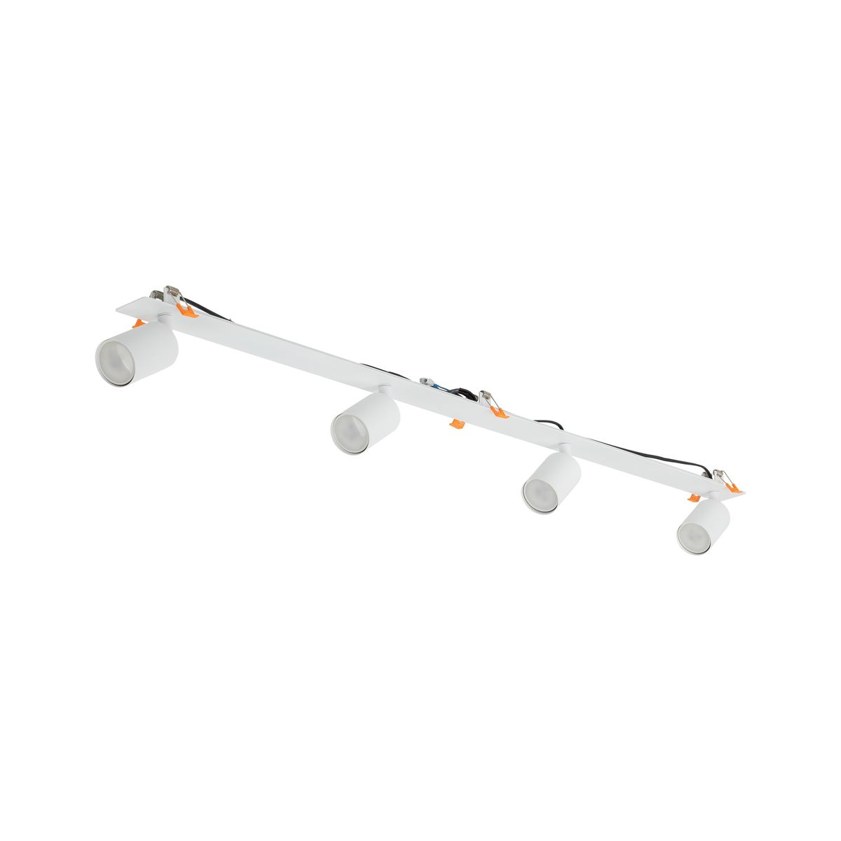 Lampa sufitowa podtynkowa Nex w kolorze białym z czterema oprawami na żarówki GU10. Ułożona poziomo, z widocznymi detalami montażowymi. Prosty, minimalistyczny design, idealna do nowoczesnych wnętrz.