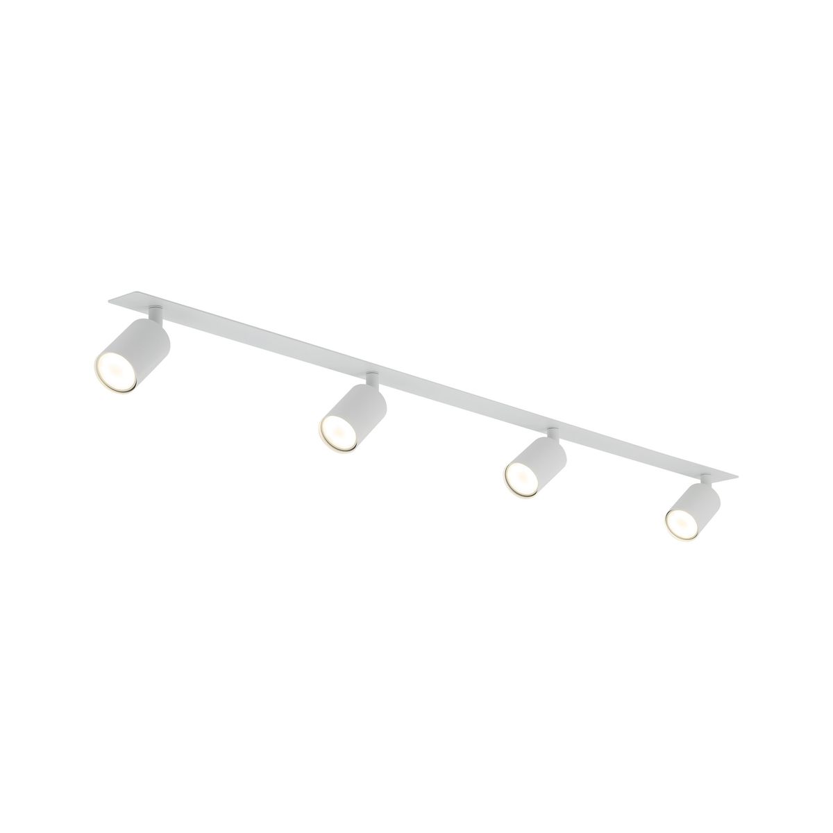 Lampa sufitowa podtynkowa Nex z czterema oprawami GU10, w kolorze białym. Ułożona poziomo na prostokątnej podstawie, z widocznymi, okrągłymi reflektorami. Prosta forma, idealna do nowoczesnych wnętrz.