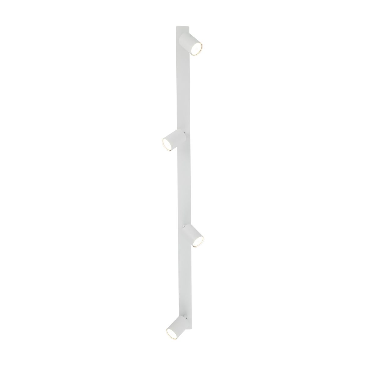 Biała lampa sufitowa podtynkowa Nex z czterema oprawami GU10, umieszczona na prostokątnej, pionowej podstawie. Reflektory skierowane w różne strony, minimalistyczny design, idealna do nowoczesnych wnętrz.
