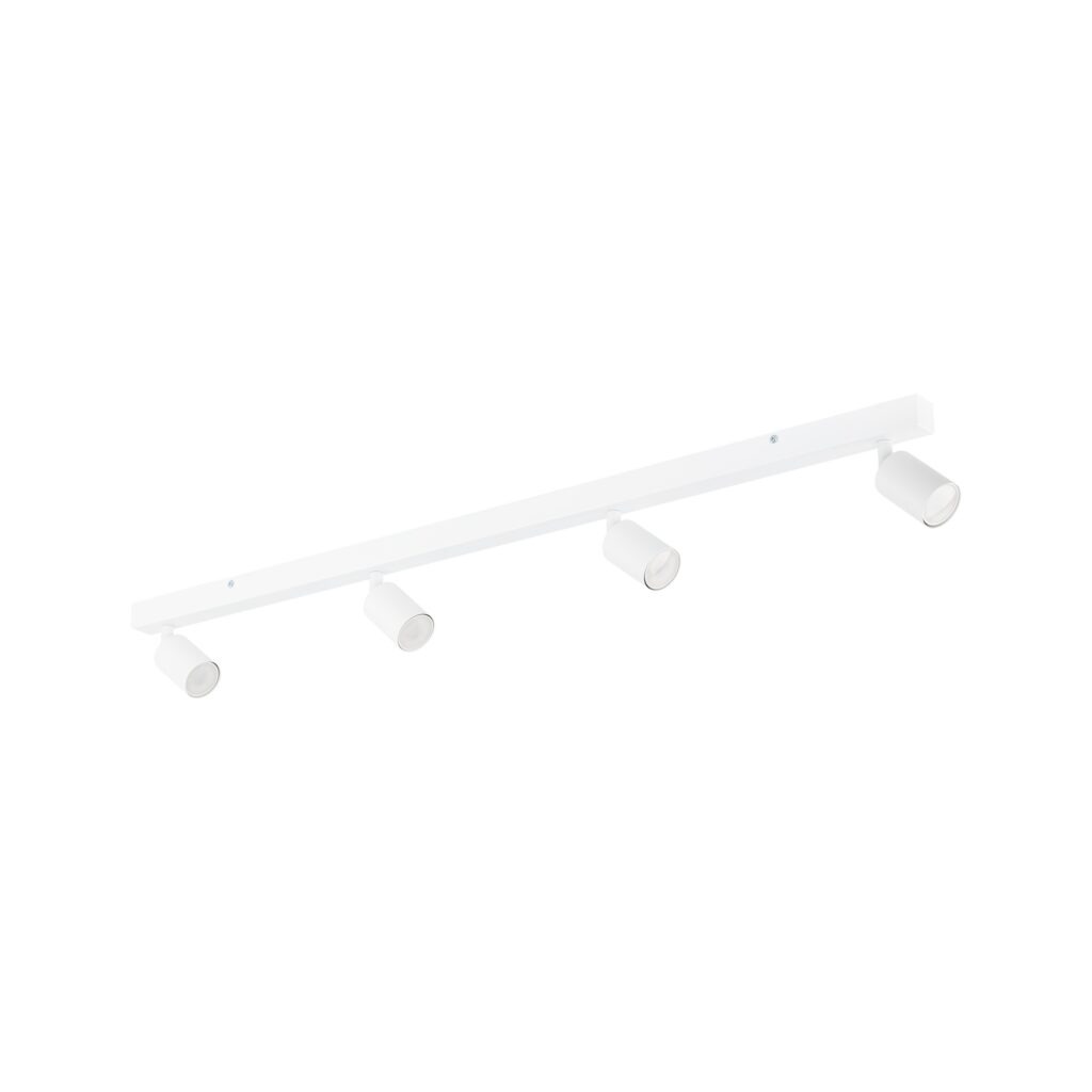 Lampa sufitowa Nex w kolorze białym z czterema spotami na żarówki GU10. Ułożona poziomo, z okrągłymi głowicami, które można regulować w różnych kierunkach. Prosta, minimalistyczna konstrukcja, idealna do nowoczesnych wnętrz.