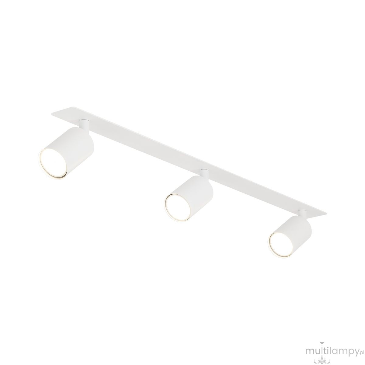 Lampa sufitowa podtynkowa Nex w kolorze białym z trzema oprawami na żarówki GU10. Ułożona poziomo, z okrągłymi kloszami skierowanymi w dół, umiejscowiona na prostokątnej podstawie. Tło białe, co podkreśla minimalistyczny design.