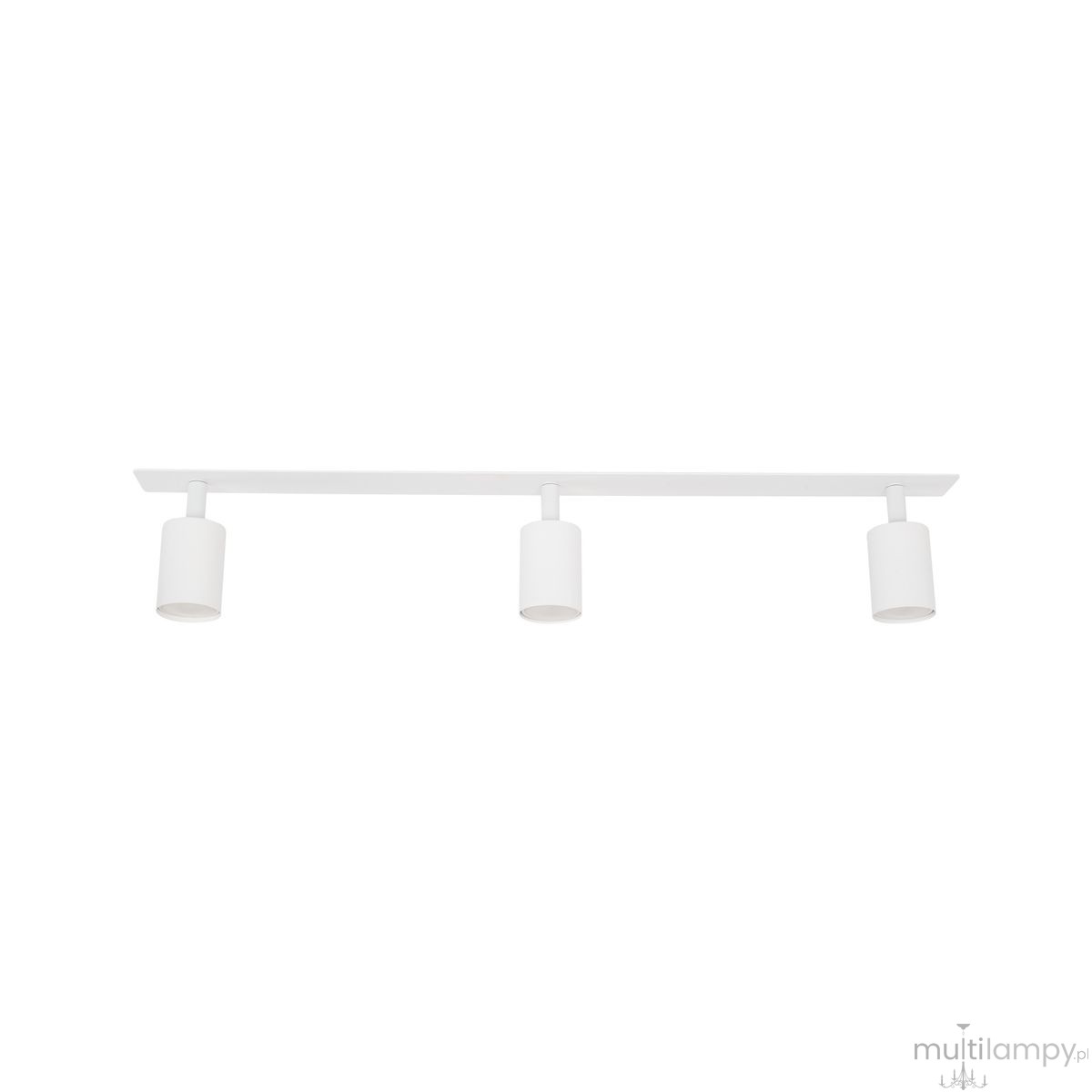 Lampa sufitowa podtynkowa Nex z trzema oprawami na żarówki GU10, w kolorze białym. Ułożona poziomo na prostokątnej podstawie, z cylindrycznymi kloszami, skierowanymi w dół. Prosty, nowoczesny design, idealna do różnych wnętrz.