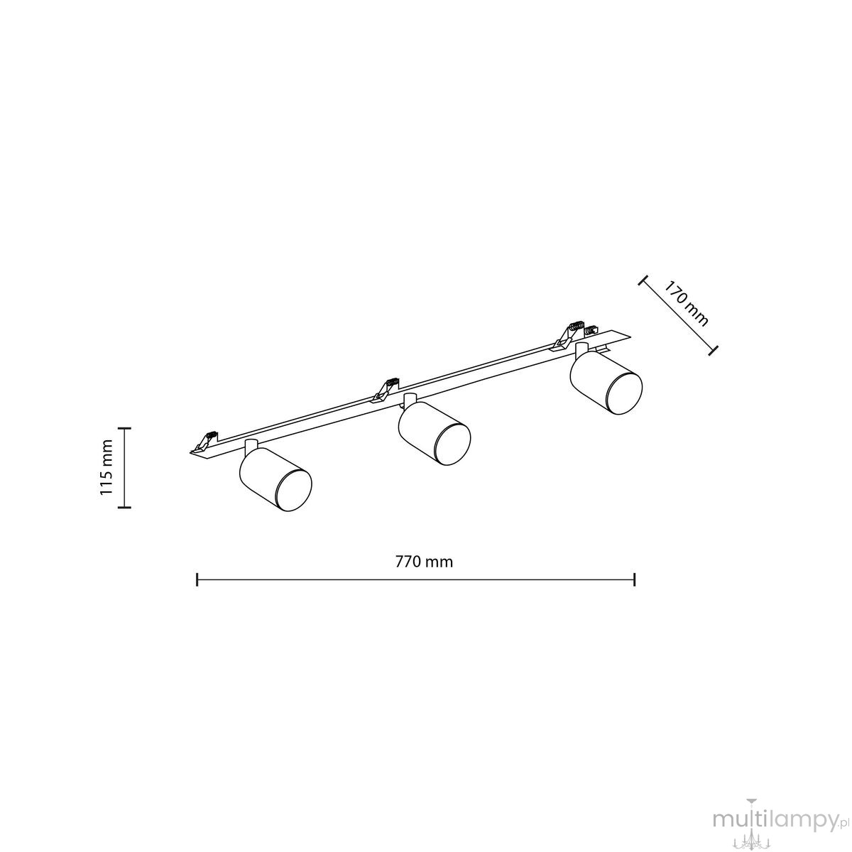 Lampa sufitowa podtynkowa Nex z trzema oprawami GU10 w kolorze białym. Wymiary: długość 770 mm, wysokość 115 mm, głębokość 170 mm. Produkt zamontowany na prostokątnej listwie, z cylindrycznymi kloszami skierowanymi w dół.