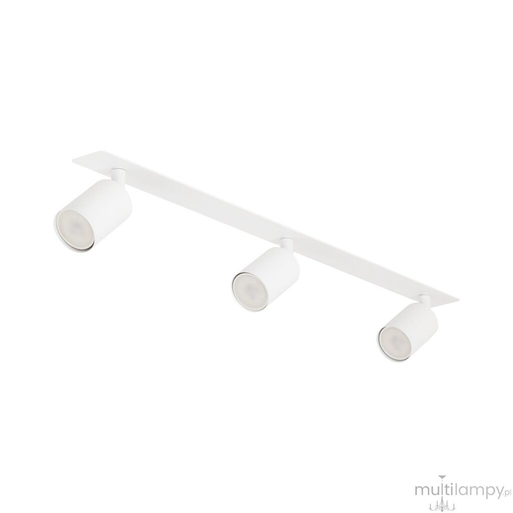 Lampa sufitowa podtynkowa Nex z trzema oprawami na żarówki GU10, w kolorze białym. Ułożona poziomo na prostokątnej podstawie, z cylindrycznymi kloszami skierowanymi w dół, o matowej fakturze. Idealna do nowoczesnych wnętrz.
