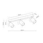 Lampa sufitowa Nex z trzema reflektorami GU10 w kolorze białym. Prosty design z prostokątną podstawą o wymiarach 700 mm x 35 mm oraz trzema okrągłymi kloszami, które można regulować. Całkowita długość to 820 mm, wysokość 150 mm.