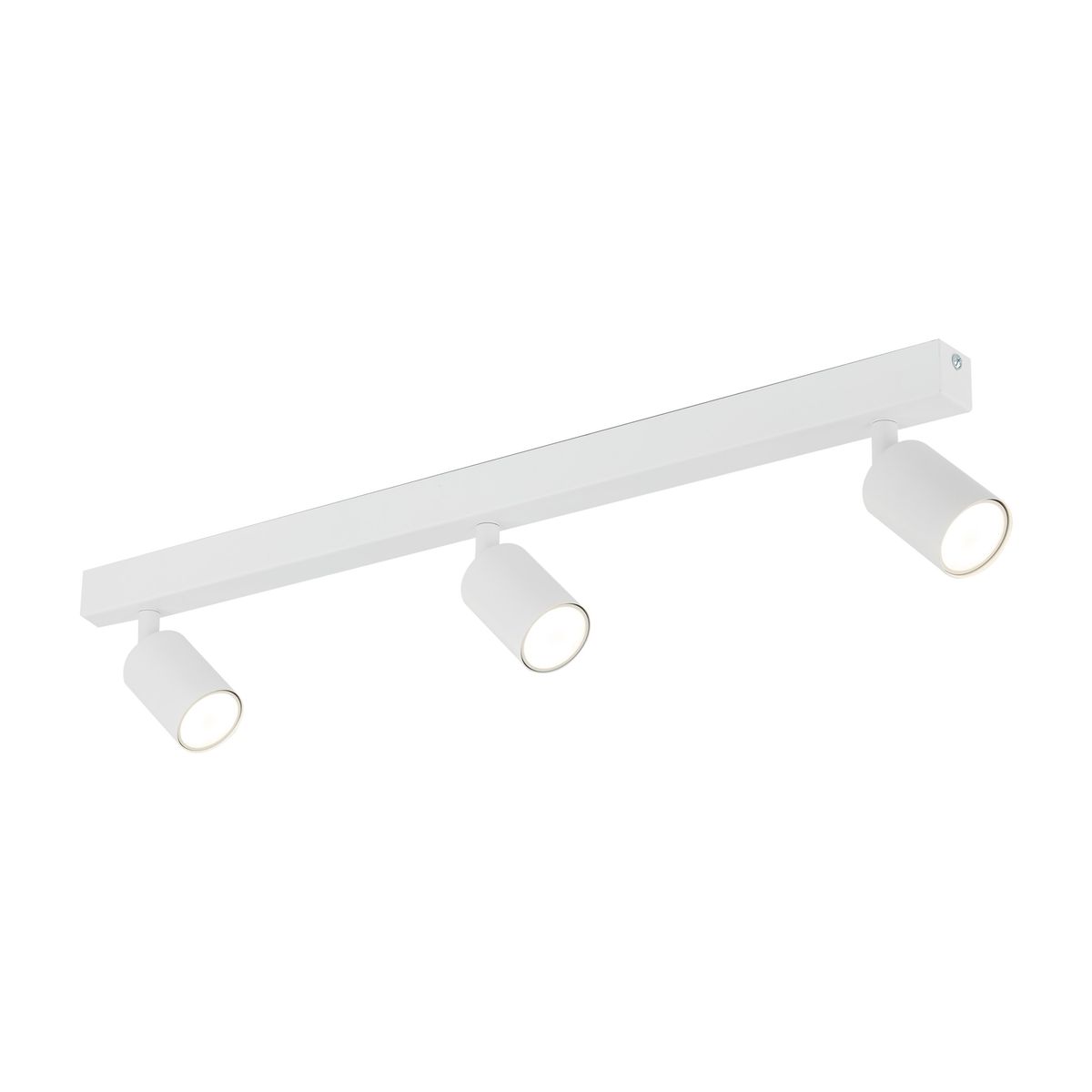 Lampa sufitowa Nex z trzema reflektorami GU10, w białym kolorze. Ułożona poziomo na prostokątnej podstawie, z okrągłymi kloszami skierowanymi w dół. Prosty, minimalistyczny design, idealna do nowoczesnych wnętrz.