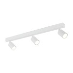 Lampa sufitowa Nex z trzema reflektorami GU10, w białym kolorze. Ułożona poziomo na prostokątnej podstawie, z okrągłymi kloszami skierowanymi w dół. Prosty, minimalistyczny design, idealna do nowoczesnych wnętrz.