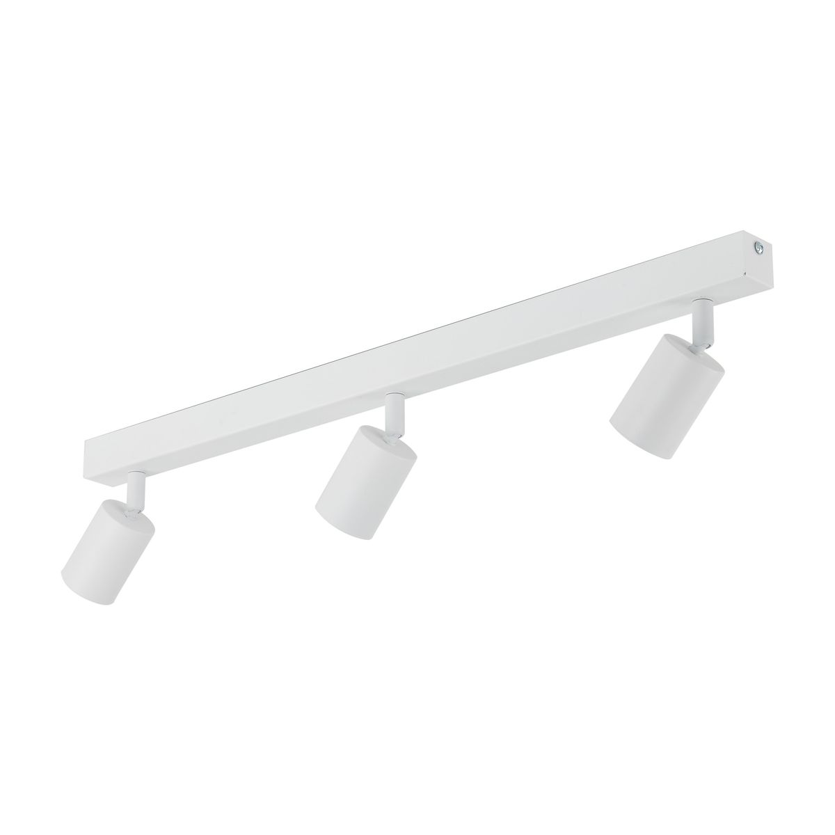 Lampa sufitowa Nex z trzema reflektorami GU10 w białym kolorze. Prosta, prostokątna belka z trzema cylindrycznymi kloszami, zamontowana pod kątem. Tło białe, co podkreśla minimalistyczny design.