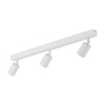 Lampa sufitowa Nex z trzema reflektorami GU10 w białym kolorze. Prosta, prostokątna belka z trzema cylindrycznymi kloszami, zamontowana pod kątem. Tło białe, co podkreśla minimalistyczny design.