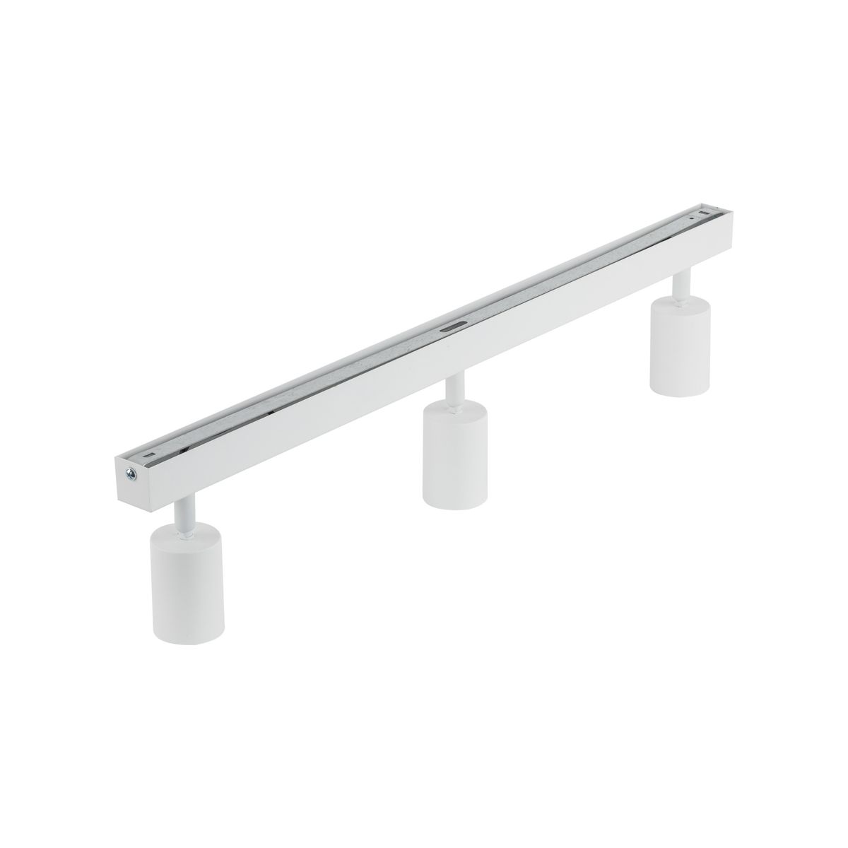 Biała lampa sufitowa typu spot z trzema oprawami na żarówki GU10. Prosta, prostokątna konstrukcja z metalowym wykończeniem. Ułożona poziomo, z trzema cylindrycznymi elementami mocującymi, idealna do nowoczesnych wnętrz.
