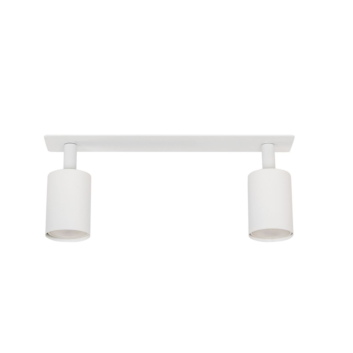 Lampa sufitowa podtynkowa Nex z dwoma oprawami GU10, w białym kolorze. Produkt o prostym, cylindrycznym kształcie, zamontowany na płaskim stelażu. Ujęcie frontalne, na jednolitym tle.