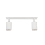 Lampa sufitowa podtynkowa Nex z dwoma oprawami GU10, w białym kolorze. Produkt o prostym, cylindrycznym kształcie, zamontowany na płaskim stelażu. Ujęcie frontalne, na jednolitym tle.