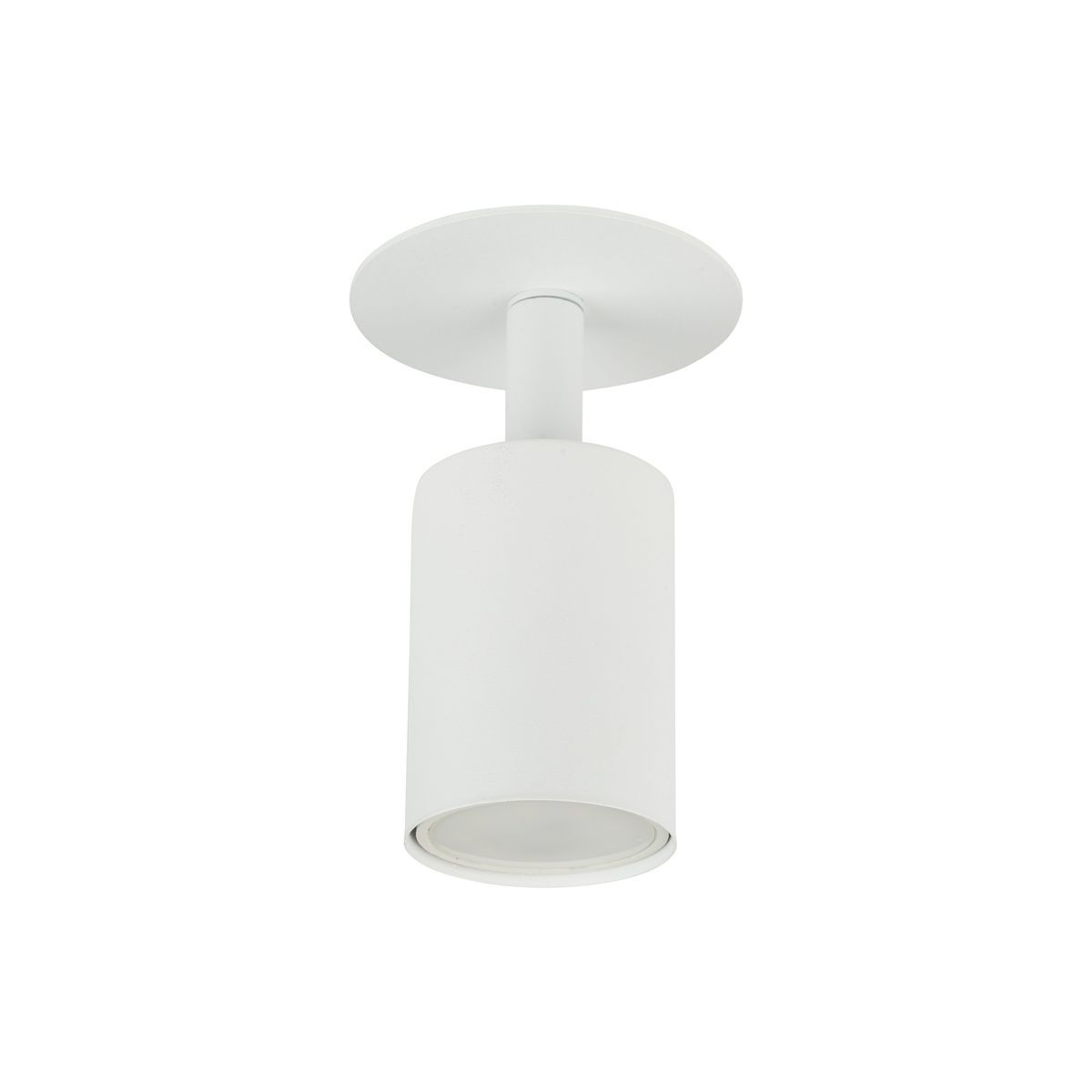 Lampa sufitowa podtynkowa Nex w kolorze białym, z oprawą w formie cylindrycznej. Posiada miejsce na żarówkę GU10. Ujęcie z dołu, pokazujące detale konstrukcji i gładką powierzchnię. Idealna do nowoczesnych wnętrz.