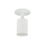 Lampa sufitowa podtynkowa Nex w kolorze białym, z oprawą w formie cylindrycznej. Posiada miejsce na żarówkę GU10. Ujęcie z dołu, pokazujące detale konstrukcji i gładką powierzchnię. Idealna do nowoczesnych wnętrz.