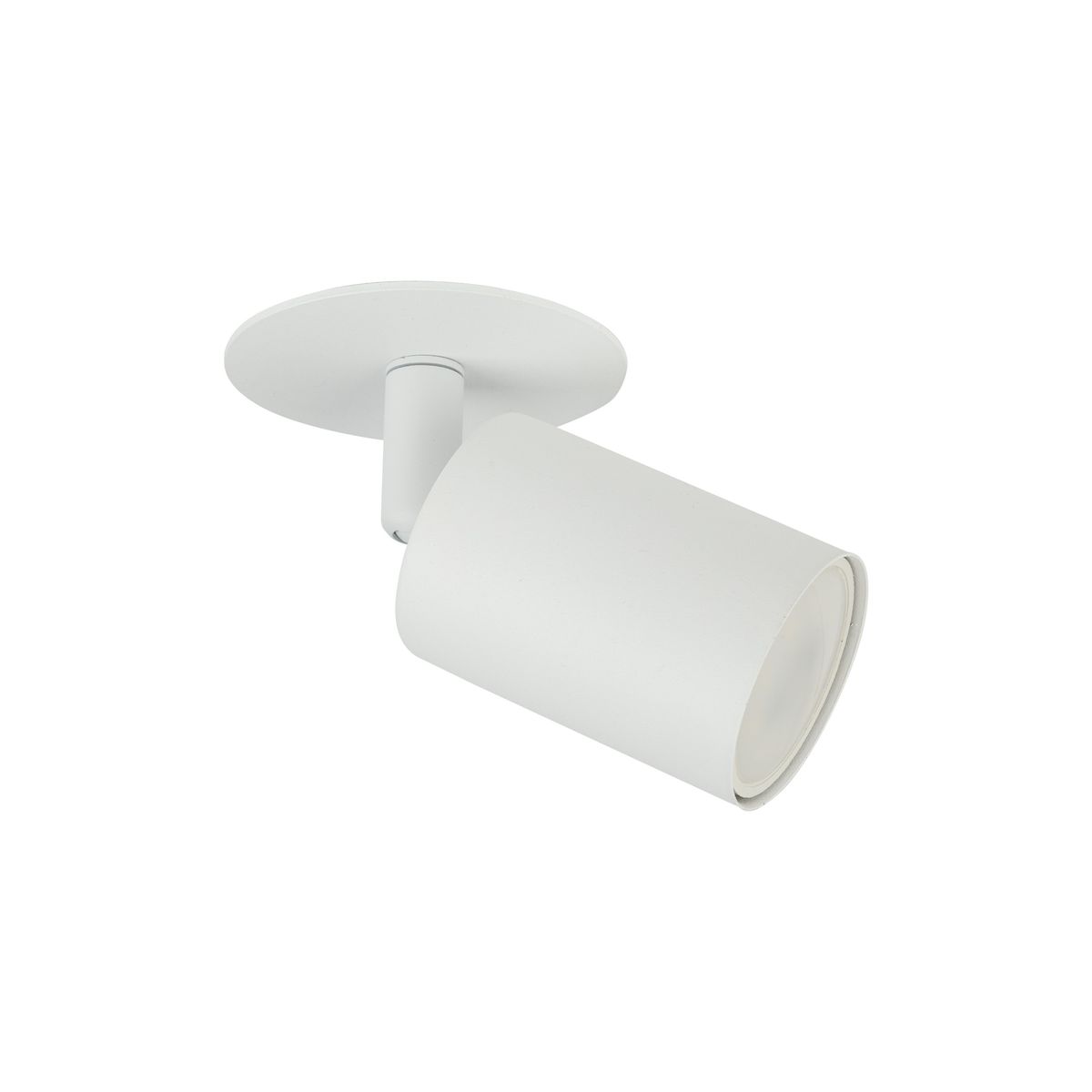 Lampa sufitowa podtynkowa Nex w kolorze białym, z oprawą na żarówkę GU10. Ujęcie z boku, ukazujące cylindryczny klosz oraz okrągłą podstawę. Produkt zamontowany na suficie, z minimalistycznym designem i matową powierzchnią.