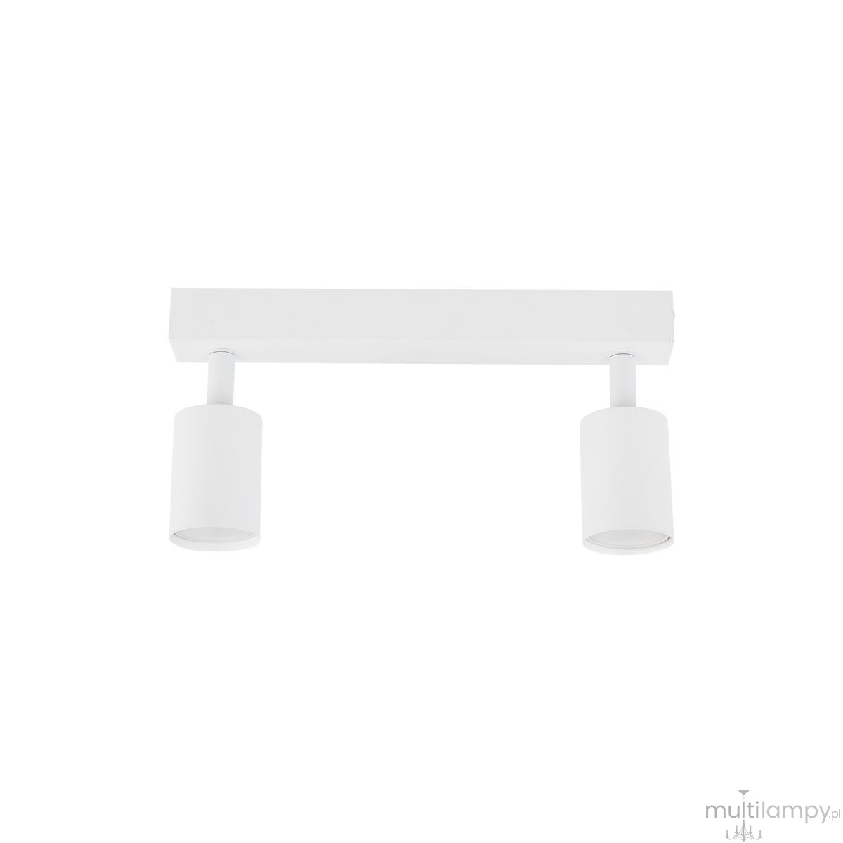 Lampa sufitowa Nex w kolorze białym z dwoma reflektorami na prostokątnej podstawie. Reflektory mają cylindryczny kształt i są zamocowane na krótkich ramionach. Produkt prezentowany z przodu, na białym tle.
