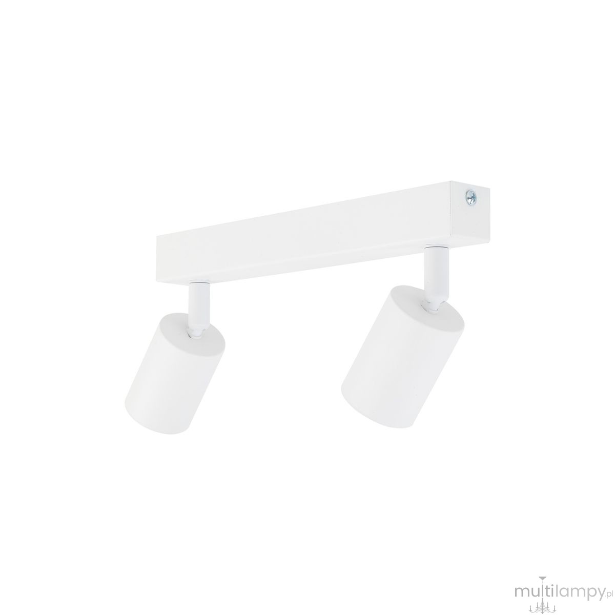 Lampa sufitowa Nex w kolorze białym z dwoma reflektorami GU10. Prosty, prostokątny stelaż z metalowym wykończeniem. Reflektory w kształcie cylindrów, regulowane, zamontowane na białej podstawie. Idealna do nowoczesnych wnętrz.