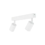 Lampa sufitowa Nex w kolorze białym z dwoma reflektorami GU10. Prosty, prostokątny stelaż z metalowym wykończeniem. Reflektory w kształcie cylindrów, regulowane, zamontowane na białej podstawie. Idealna do nowoczesnych wnętrz.