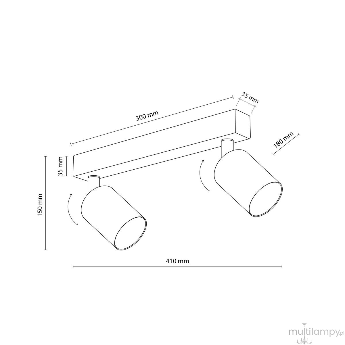Lampa sufitowa Nex z dwoma reflektorami GU10 w białym kolorze. Prosta konstrukcja o wymiarach 410 mm x 150 mm, z ruchomymi kloszami, zamontowana na prostokątnej podstawie. Idealna do nowoczesnych wnętrz.