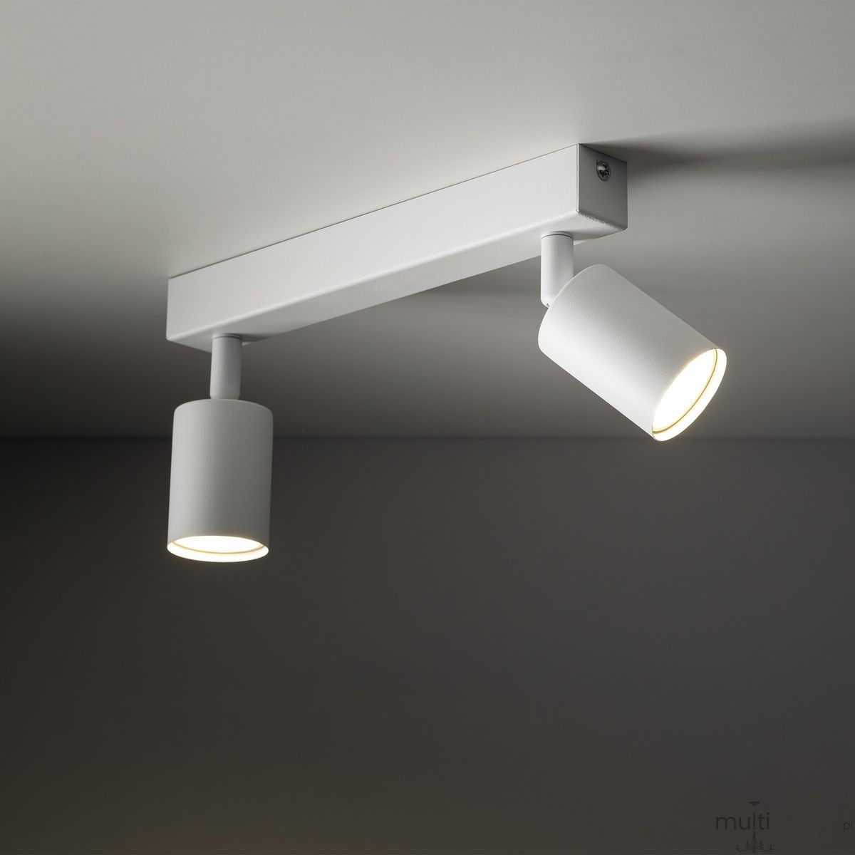 Lampa sufitowa Nex w kolorze białym z dwoma reflektorami typu GU10. Reflektory mają cylindryczny kształt i są zamocowane na prostokątnej podstawie. Ujęcie z dołu, pokazujące oświetlenie skierowane w dół.