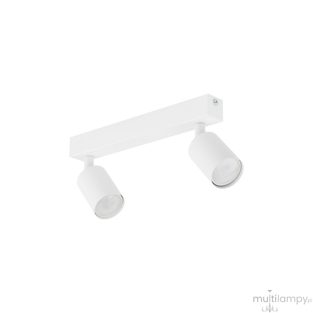 Lampa sufitowa Nex z dwoma reflektorami GU10 w białej obudowie. Ujęcie z boku, pokazujące prostokątny uchwyt oraz okrągłe klosze skierowane w różne strony. Produkt idealny do oświetlenia wnętrz.