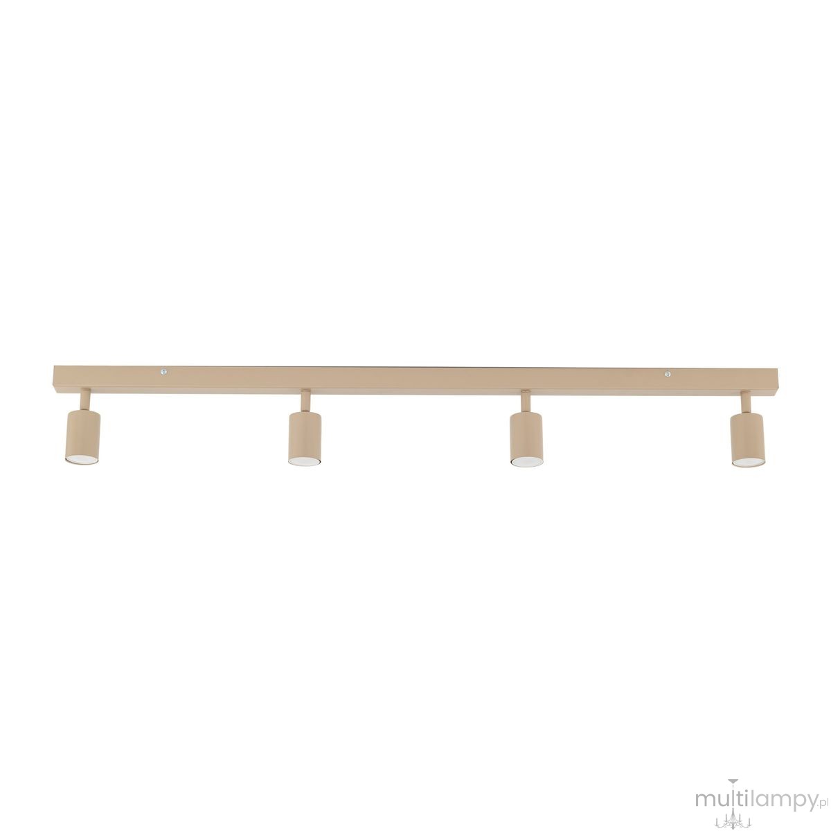 Beżowa lampa sufitowa spot z czterema oprawami na żarówki GU10. Ułożona poziomo, z cylindrycznymi kloszami, zamontowana na prostokątnej listwie. Tło białe, co podkreśla kolor lampy i jej minimalistyczny design.