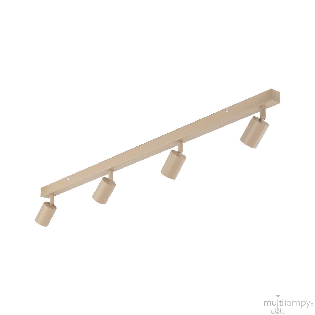 Beżowa lampa sufitowa typu spot z czterema oprawami na żarówki GU10, umieszczona na prostokątnej, metalowej listwie. Ujęcie z boku, ukazujące kształt i rozmieszczenie punktów świetlnych.