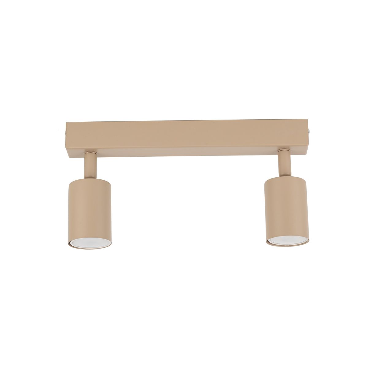 Beżowa lampa sufitowa Nex z dwoma spotami GU10, zamontowana na prostokątnej podstawie. Kształt cylindryczny reflektorów skierowanych w dół, matowa powierzchnia. Minimalistyczny design, idealna do nowoczesnych wnętrz.