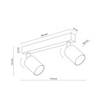 Beżowa lampa sufitowa Nex z dwoma reflektorami GU10, montowana na prostokątnej podstawie. Wymiary: 410 mm długości, 150 mm wysokości, reflektory o średnicy 35 mm, obracające się w różnych kierunkach, zapewniające elastyczne oświetlenie.