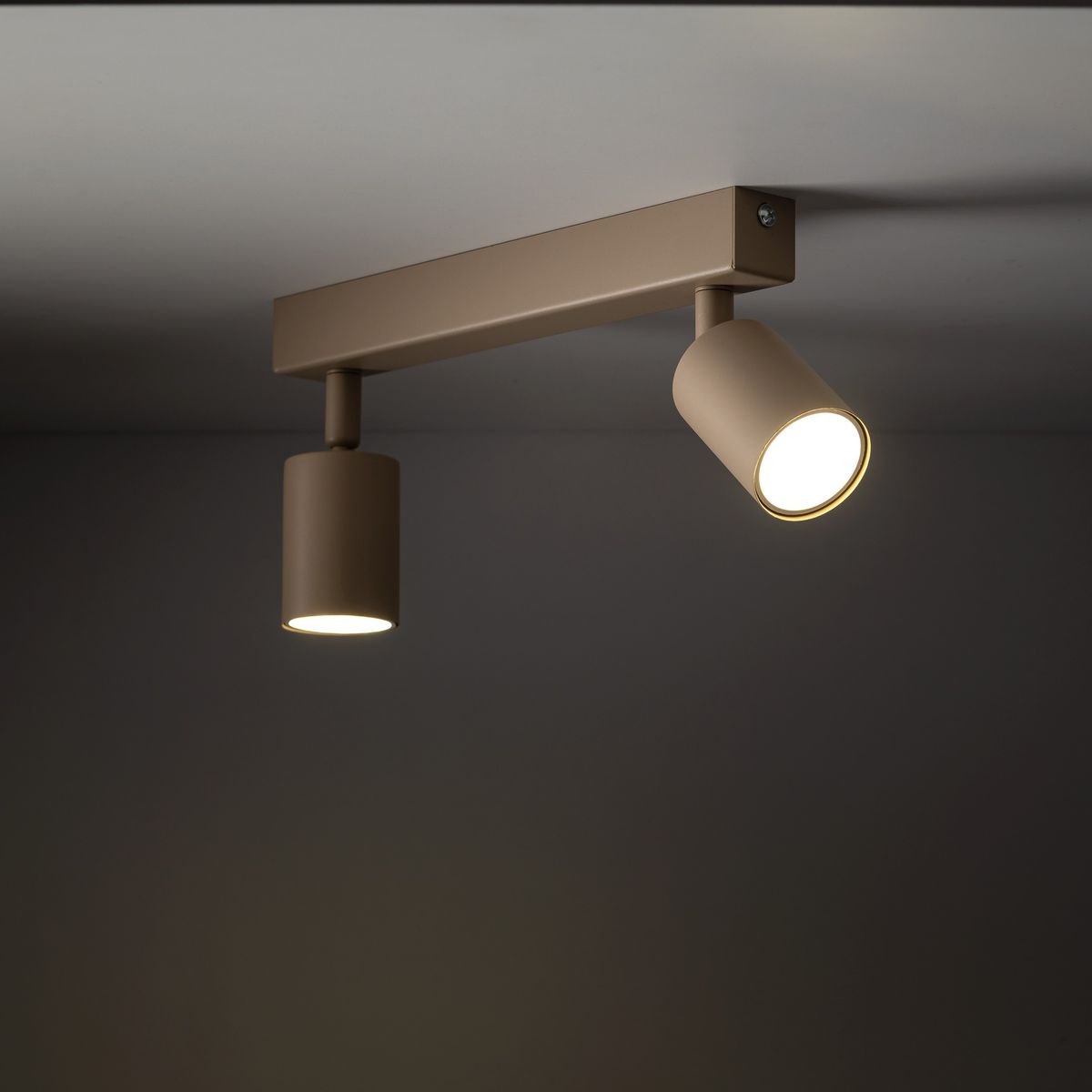 Lampa sufitowa spot Nex w kolorze beżowym z dwoma regulowanymi punktami świetlnymi, zamontowana na prostokątnej podstawie. Kąt ujęcia z dołu, ukazujący detale wykończenia oraz emitowane światło.