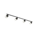 Nex lampa sufitowa podtynkowa 4xGU10 w kolorze czarnym, zamontowana poziomo. Posiada cztery cylindryczne oprawy na żarówki GU10. Prosty design, metalowa konstrukcja, idealna do nowoczesnych wnętrz. Tło białe, co podkreśla formę lampy.