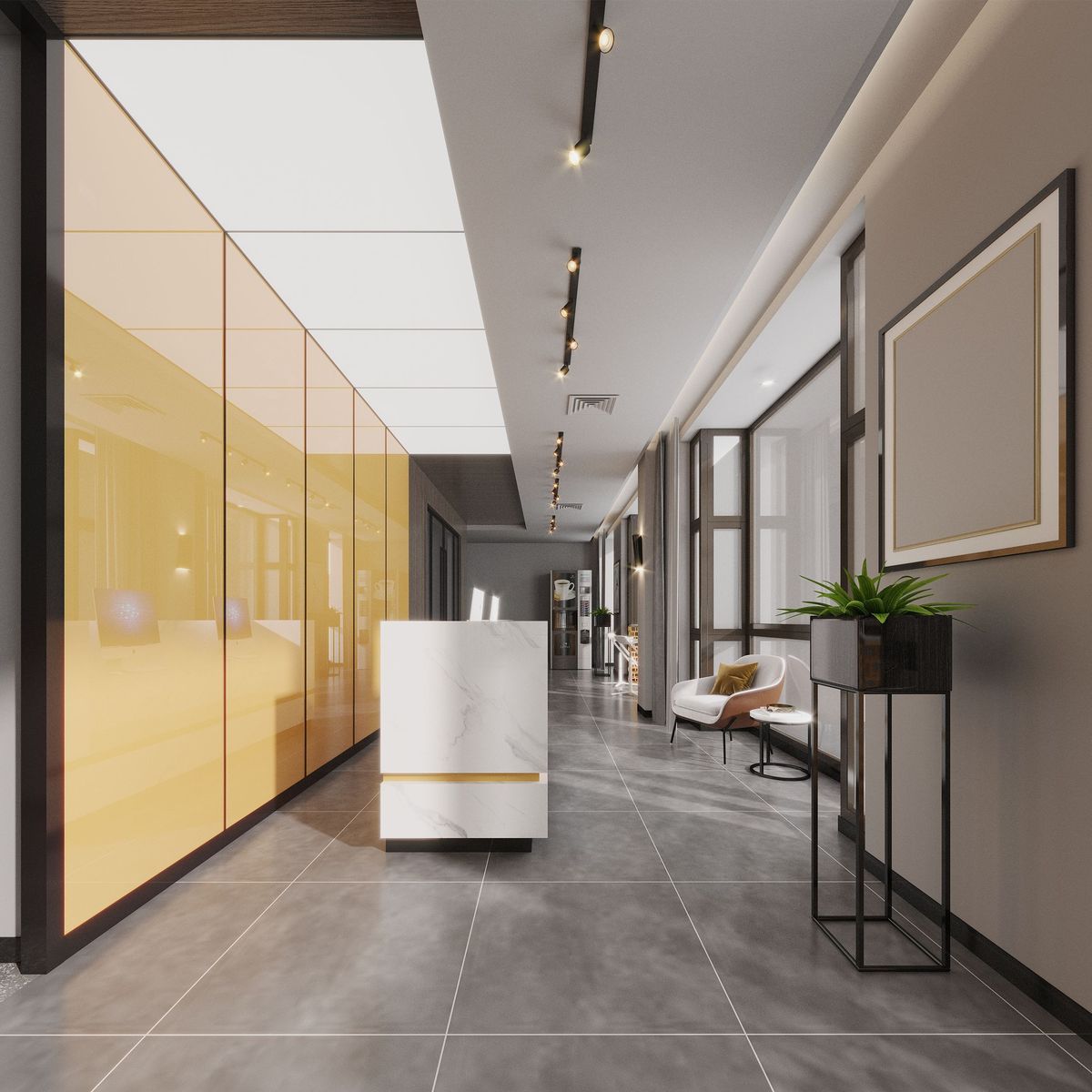 Czarna lampa sufitowa podtynkowa Nex z czterema gniazdami GU10, umieszczona w eleganckim wnętrzu biurowym. Lampa o minimalistycznym designie, zamontowana na suficie, oświetlająca przestrzeń w jasnych tonach.