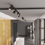 Czarna lampa sufitowa podtynkowa Nex z czterema źródłami światła GU10, zamontowana na gładkim suficie. Ujęcie z boku, ukazujące nowoczesny design oraz stylowe oświetlenie w aranżacji wnętrza biurowego.