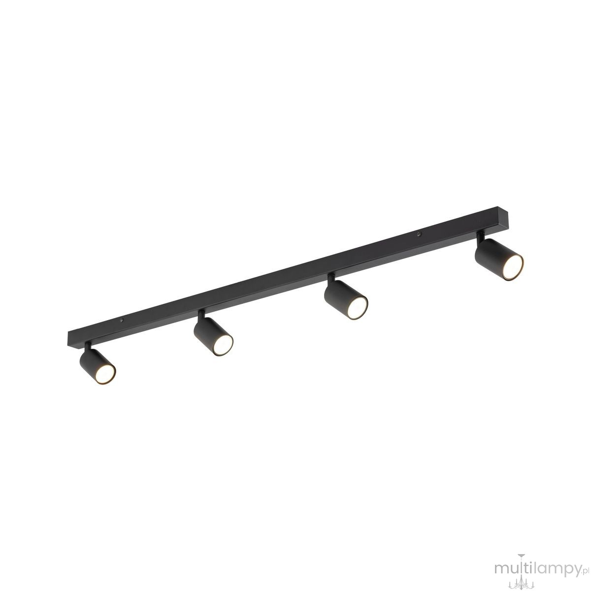 Lampa sufitowa Nex w kolorze czarnym z czterema reflektorami GU10. Prosta, pozioma konstrukcja z metalowym korpusem i okrągłymi kloszami, zamontowana na ścianie lub suficie. Idealna do oświetlenia wnętrz.