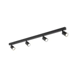 Lampa sufitowa Nex w kolorze czarnym z czterema reflektorami GU10. Prosta, pozioma konstrukcja z metalowym korpusem i okrągłymi kloszami, zamontowana na ścianie lub suficie. Idealna do oświetlenia wnętrz.