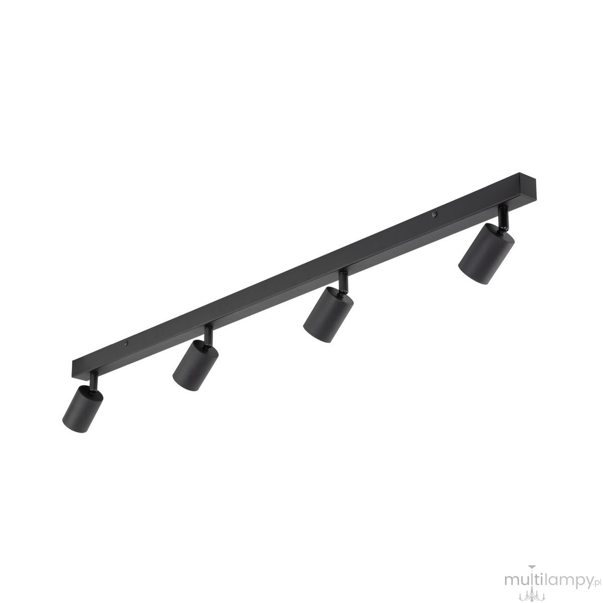 Lampa sufitowa Nex w kolorze czarnym z czterema spotami na umieszczone żarówki GU10. Ujęcie frontalne, produkt zamontowany na prostokątnej listwie. Spoty mają cylindryczny kształt, zwrócone w różnych kierunkach, na białym tle.