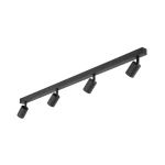 Lampa sufitowa Nex w kolorze czarnym z czterema spotami na umieszczone żarówki GU10. Ujęcie frontalne, produkt zamontowany na prostokątnej listwie. Spoty mają cylindryczny kształt, zwrócone w różnych kierunkach, na białym tle.