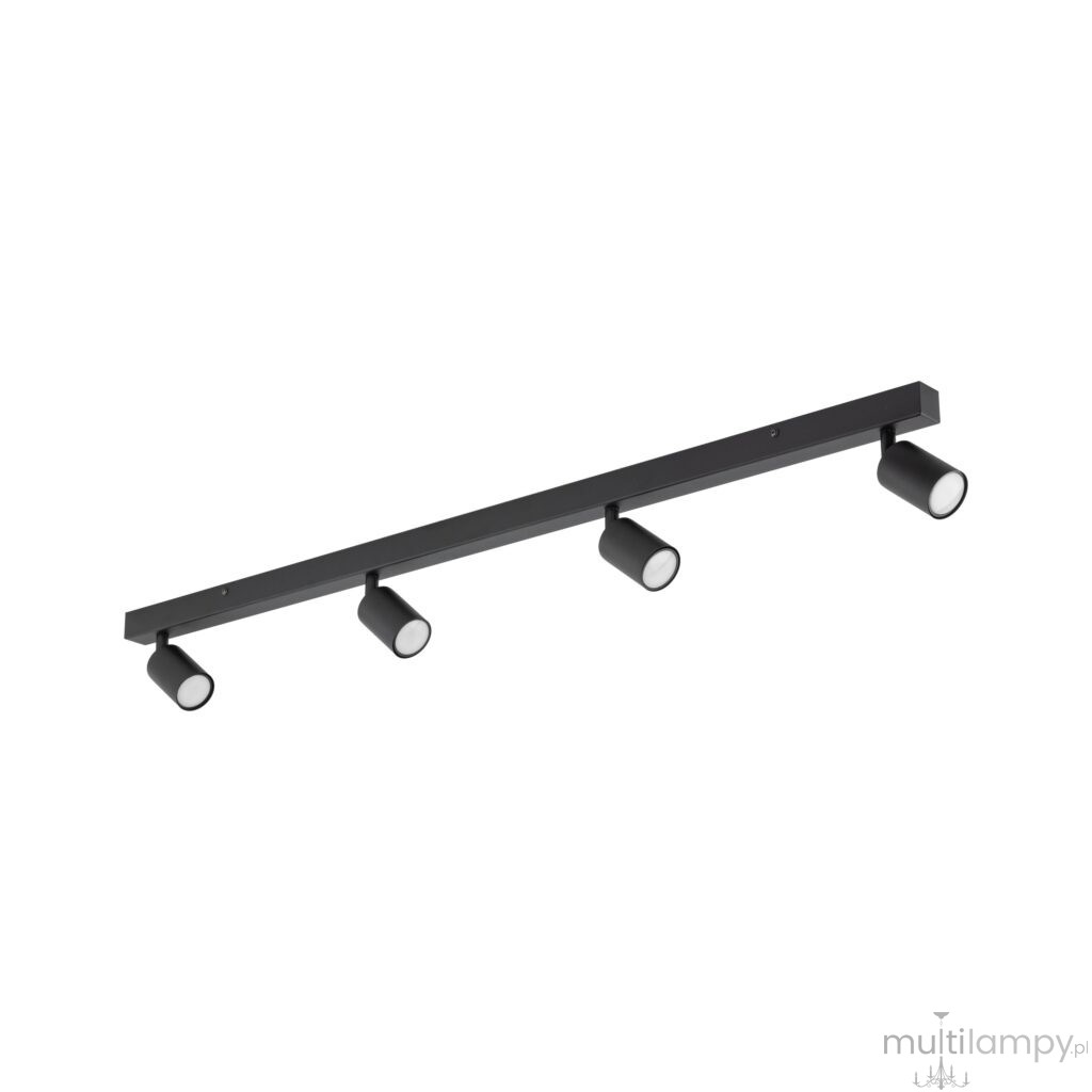 Lampa sufitowa Nex w kolorze czarnym z czterema ruchomymi reflektorami GU10, zamontowana na prostokątnej listwie. Reflektory mają okrągłe, białe klosze, co umożliwia skierowanie światła w różnych kierunkach.