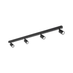 Lampa sufitowa Nex w kolorze czarnym z czterema ruchomymi reflektorami GU10, zamontowana na prostokątnej listwie. Reflektory mają okrągłe, białe klosze, co umożliwia skierowanie światła w różnych kierunkach.
