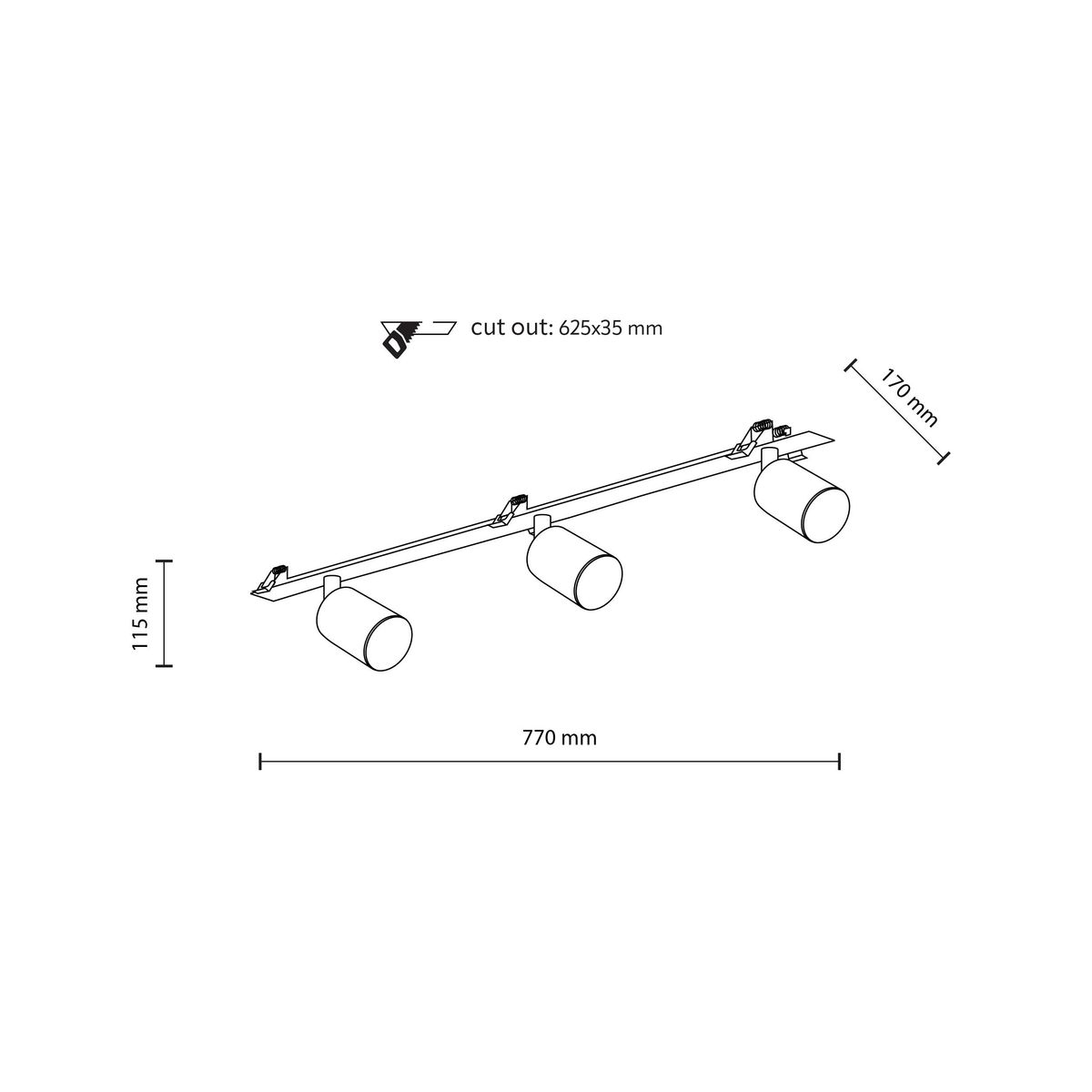 Lampa sufitowa podtynkowa Nex w kolorze czarnym, z trzema oprawami na żarówki GU10. Wymiary: długość 770 mm, wysokość 115 mm, głębokość 170 mm. Widok z boku, z zaznaczonymi wymiarami i miejscem na montaż.