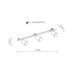 Lampa sufitowa podtynkowa Nex w kolorze czarnym, z trzema oprawami na żarówki GU10. Wymiary: długość 770 mm, wysokość 115 mm, głębokość 170 mm. Widok z boku, z zaznaczonymi wymiarami i miejscem na montaż.