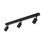 Lampa sufitowa Nex w kolorze czarnym, z trzema reflektorami GU10 zamocowanymi na prostokątnej podstawie. Reflektory mają cylindryczny kształt, skierowane są w dół, co umożliwia kierunkowe oświetlenie wnętrza.