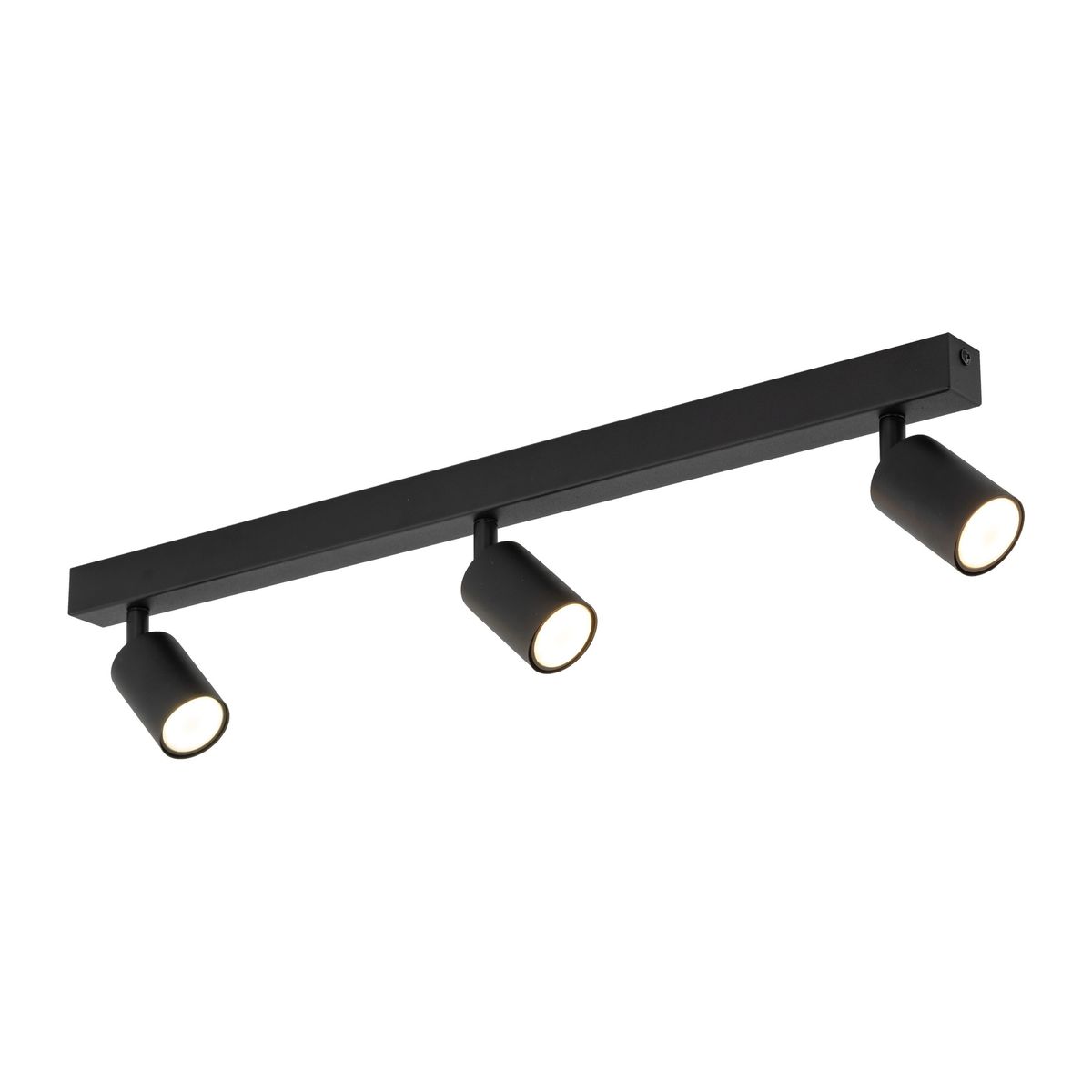 Lampa sufitowa spot Nex, czarna, z trzema ruchomymi reflektorami na prostokątnej podstawie. Reflektory mają cylindryczny kształt i emitują jasne światło. Produkt zamontowany na suficie, w prostym, nowoczesnym stylu.