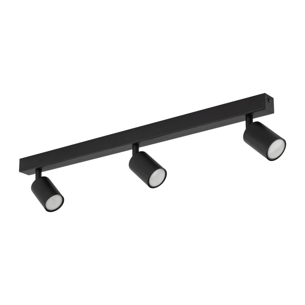 Lampa sufitowa Nex w kolorze czarnym z trzema ruchomymi reflektorami GU10. Ujęcie z góry, pokazujące prostokątną podstawę i okrągłe klosze. Prosty design, idealna do nowoczesnych wnętrz.