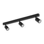 Lampa sufitowa Nex w kolorze czarnym z trzema ruchomymi reflektorami GU10. Ujęcie z góry, pokazujące prostokątną podstawę i okrągłe klosze. Prosty design, idealna do nowoczesnych wnętrz.