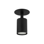 Czarna lampa sufitowa podtynkowa Nex z pojedynczym gniazdem GU10. Okrągła podsufitka i cylindryczny klosz z matowego wykończenia. Produkt zamontowany w pozycji wiszącej, ukazujący minimalistyczny design.